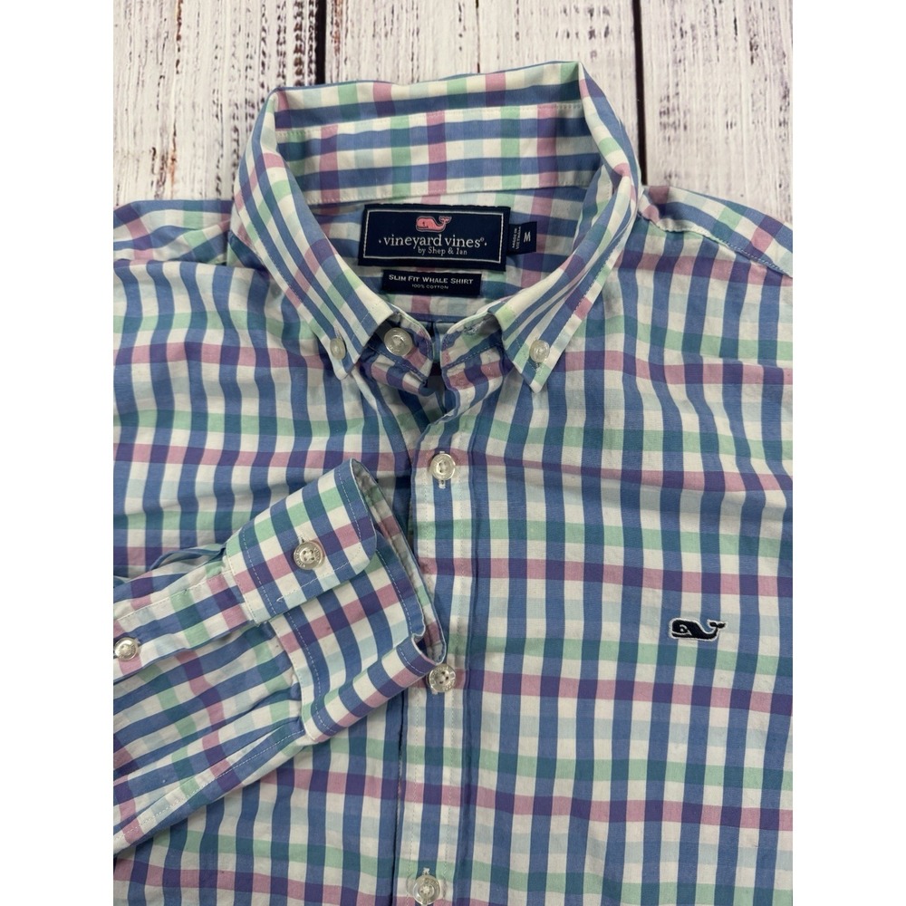 Vineyard Vines Men's Checkered Blue Pink Button Down Slim Fit Medium Long Sleeve